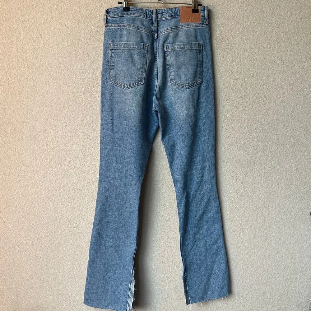 Zara High Rise Straight Leg Distressed Split Hem Jeans Size 6